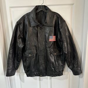 Mens L Blk Leather Patch Pattern Bomber Jacket God Bless AMERICA USA Flag Eagle